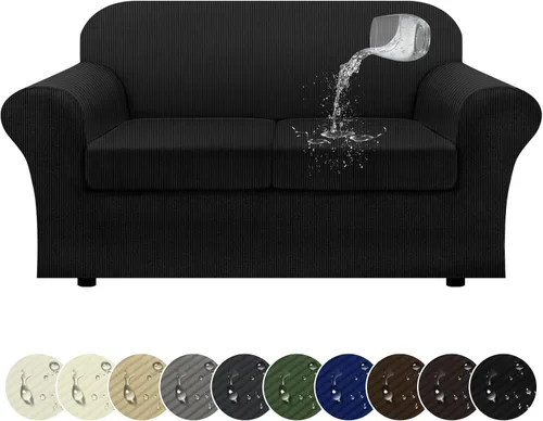 Vista 31 de Funda impermeable para silla con brazos, juego de 2 piezas, funda a rayas para 1 sofá separado con cojín en T, fundas de sillón de tela