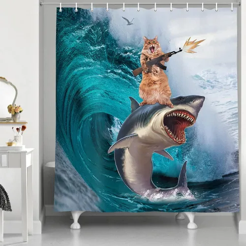 Vista 3 de NYMB Divertida cortina de ducha de gato para baño de niños, genial gato montando ballena, tiburón en olas del océano, cortinas de ducha de tela