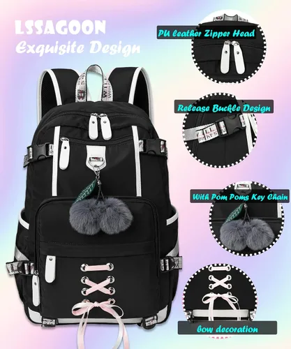 Vista 4 de Mochila para mujeres, adolescentes, niños y niñas, resistente al agua, casual, para laptop con puerto de carga USB, bonita bolsa para viajes
