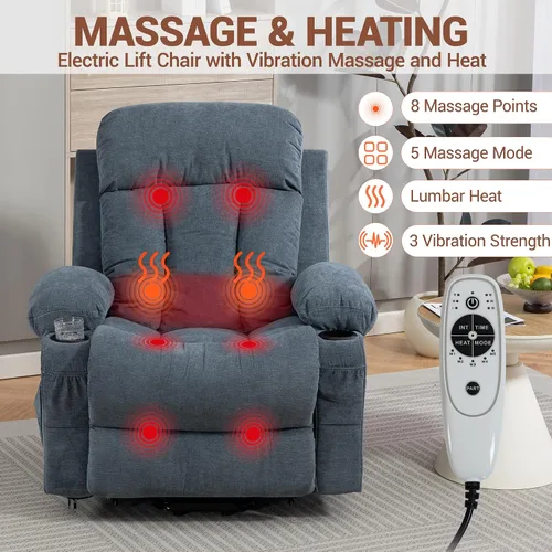 Vista 7 de Silla reclinable eléctrica para personas mayores con masaje por vibración y calor lumbar, silla elevadora para adultos con soporte para tazas