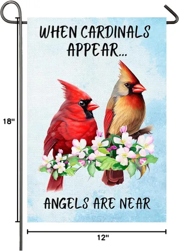Vista 10 de Bandera de jardín cardenal When Cardinals Appear Angels Are Near Memorial Yard Flag 12x18 pulgadas de doble cara floral de pájaros rojos bandera