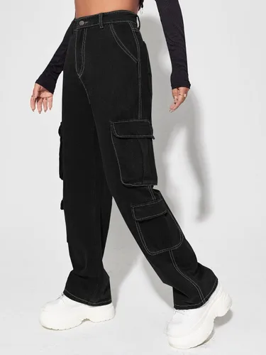 Vista 5 de Floerns Pantalones cargo casuales de cintura alta con bolsillo con solapa y pierna recta para mujer