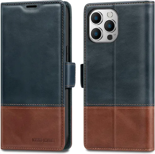 Vista 8 de KEZiHOME Funda de piel auténtica compatible con iPhone 16, con bloqueo RFID, con soporte para tarjetas, función atril magnético, funda protectora