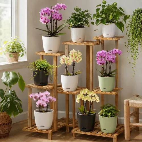Vista 5 de Macetas de orquídeas blancas de 5.7 pulgadas con agujeros para trasplantar, macetas de plástico de doble capa de riego automático para plantas