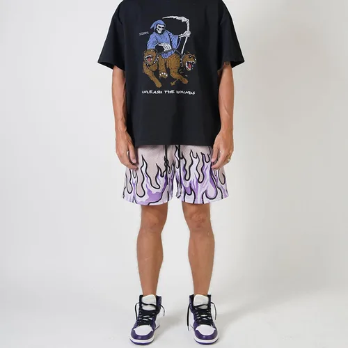 Vista 3 de BOOMLEMON Pantalones cortos de baloncesto para hombre, pantalones cortos deportivos de entrenamiento casual con estampado gráfico de llama de malla