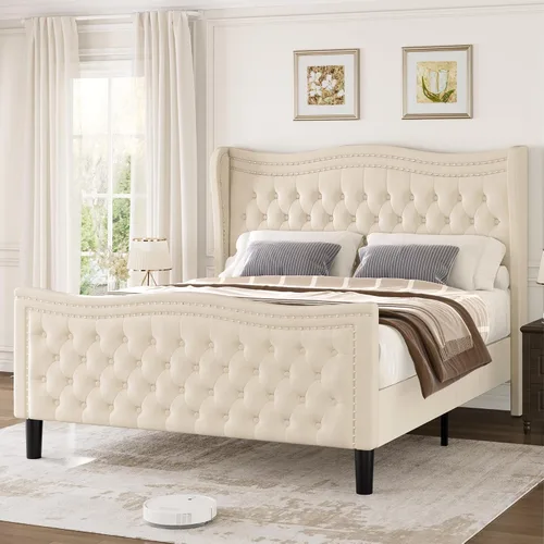 Vista 15 de Marco de Cama Full con Cabecera y Pie de Cama Altos, Marco de Cama Plataforma Tapizada en Terciopelo con Acolchado de Botones Profundos Tipo Beige