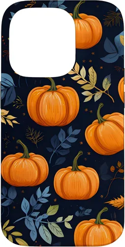 Vista 17 de iPhone 16 Calabazas y Hojas de Otoño Patrón Fondo Oscuro Caso