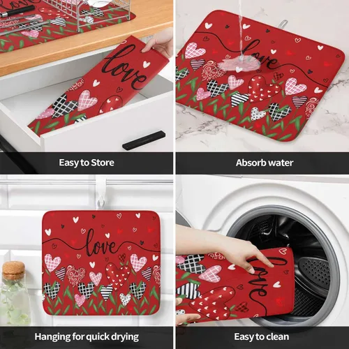 Vista 4 de Tapete de secado floral de corazón para el día de San Valentín para encimera de cocina, tapete absorbente de microfibra para escurridor