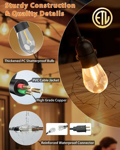 Vista 3 de Tira de luces para exteriores con tubo iluminado de 24 pies, cadena de luces de grado comercial con 13 bombillas Edison S14 (12+1 de repuesto)