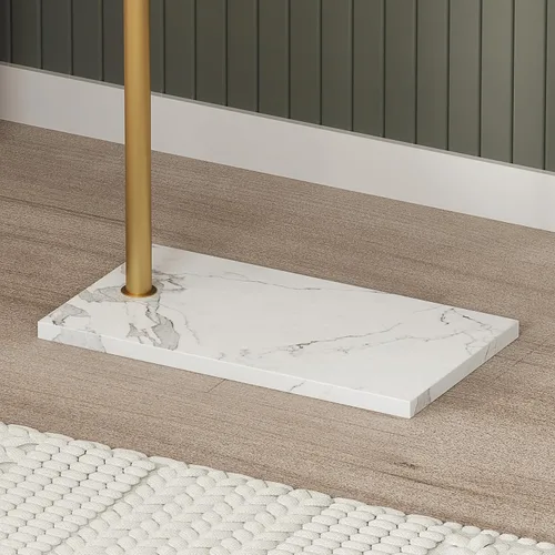 Vista 7 de HKaikzo - Soporte para abrigos dorado, perchero independiente con acabado de acero satinado y base natural de mármol estable, para abrigos