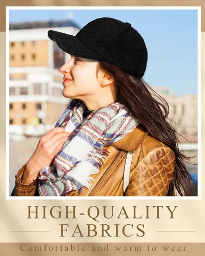 Vista 4 de 6 gorras de béisbol de invierno cálidas de felpa de lana de cordero sintética mullida, gorro mullido para mujeres y hombres, viajes al aire libre
