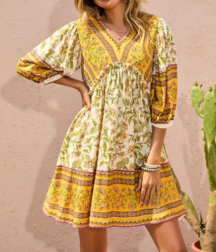 Vista 2 de BTFBM - Vestidos casuales de primavera y verano para mujer, cuello en V, manga larga 34, con volantes, floral, estilo bohemio, mini vestido de playa