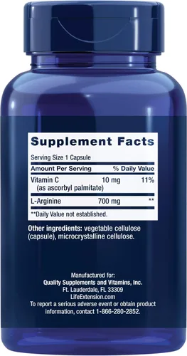 Vista 2 de Life Extension Cápsulas de L-Arginina - Suplemento de L-Arginina para hombres y mujeres con vitamina C - para apoyo del sistema inmunológico y salud