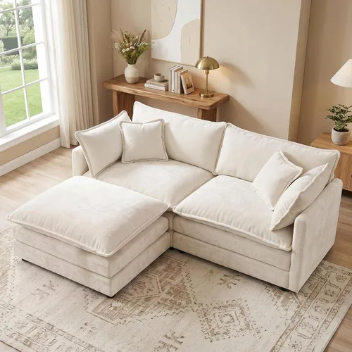 Vista 106 de Sofá individual modular de chenilla con otomana, sofá nube con almohada, color beige