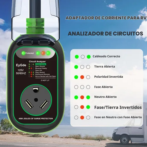 Vista 3 de EyGde Adaptador de 15 amperios a 30 Amp 110 RV con protector de sobretensión, adaptador patentado 4500J 5-15P macho a TT-30R RV enchufe RV Verde