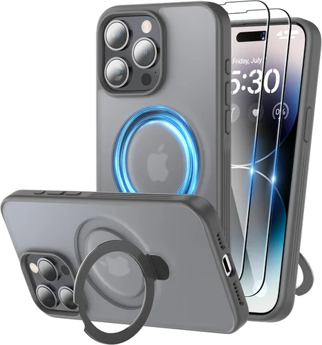 Vista 8 de Funda magnética para iPhone 15 con soporte, soporte de anillo invisible con protector de pantalla compatible con MagSafe Slim esmerilado mate, funda