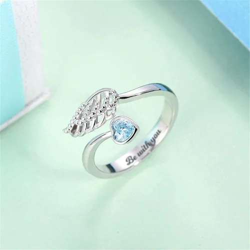 Vista 3 de AILIN Anillos de plata de ley 925 personalizados con diseño de ala de ángel y piedra natal grabada en el interior, joyería para mujeres, regalos