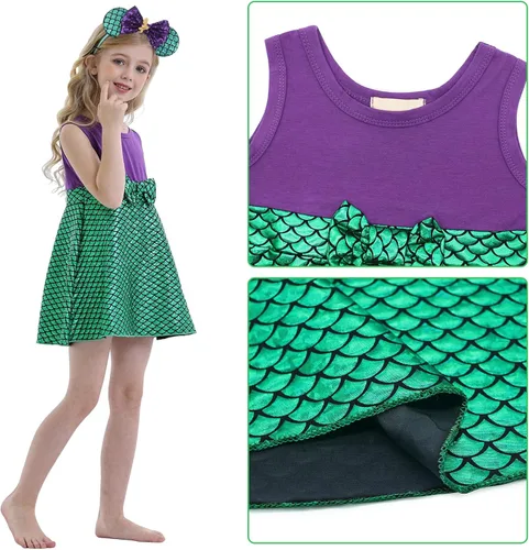 Vista 3 de Disfraz de sirena para niñas, ropa de vestir de princesa con accesorios, juego de fiesta de cumpleaños de Halloween