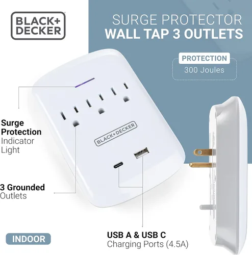 Vista 3 de BLACK+DECKER Protector contra sobretensiones de montaje en pared, 3 tomas, 2 puertos USB Carga USB-C, luz indicadora, apagado automático, diseño