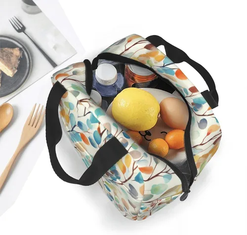 Vista 5 de Giwawa Bolsa de almuerzo aislada con hojas coloridas de acuarela, color gris, amarillo, con flores silvestres, reutilizable, térmica, impermeable
