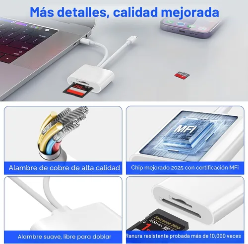 Vista 7 de Lector de tarjetas SD Denlane para iPhone iPad, lector de tarjetas de memoria con interfaz dual USB C y Lightning, adaptador de cámara digital
