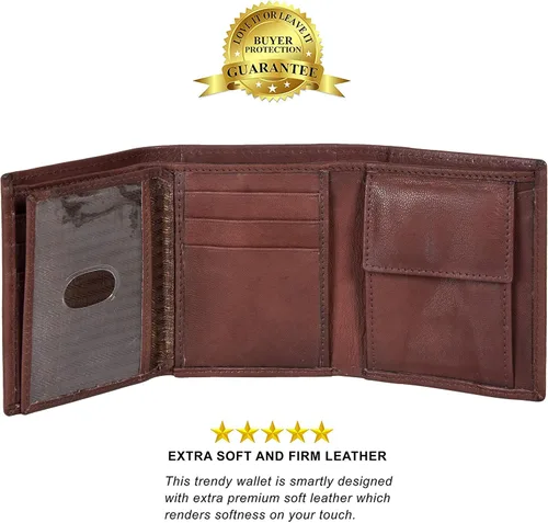 Vista 3 de Billetera delgada y compacta con solapa para niños y bolsillo para monedas, Café Oscuro, 3.3 4" x 3", Cartera triple