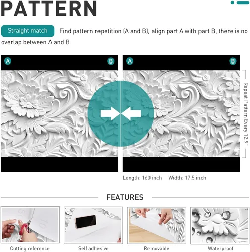 Vista 8 de Papel tapiz floral 3D de imitación para despegar y pegar, papel tapiz moderno de plasto de plástico con flores grandes, papel de contacto blanco