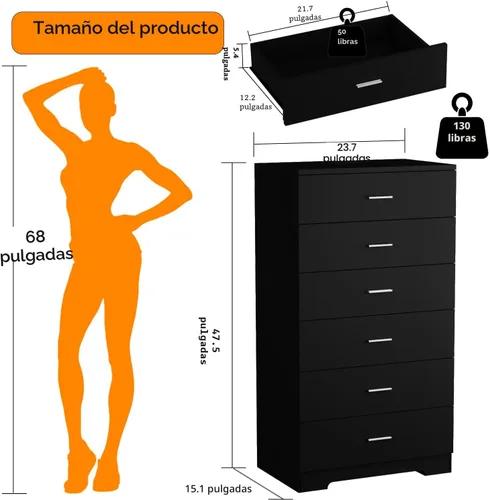 Vista 2 de Cómoda de 48" de alto para dormitorio, cómoda de madera con 6 cajones con tomas de corriente, cómoda con gran espacio de almacenamiento y asas