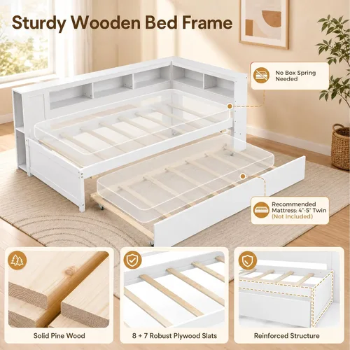 Vista 11 de KOMFOTT Sofá cama doble con nido, cama nido con estantería en forma de L