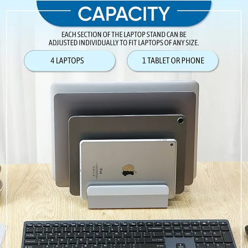 Vista 2 de Elestoria Soporte vertical para laptop de 5 ranuras, soporte vertical de aluminio para computadora de escritorio, ancho ajustable (0.472-1.496 in)