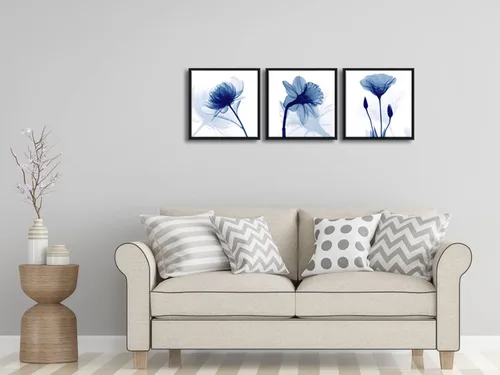 Vista 3 de Wieco Art – Flores abstractas azules enmarcadas, 3 paneles, impresiones en lienzo, arte de pared moderno, diseños artísticos para sala de estar
