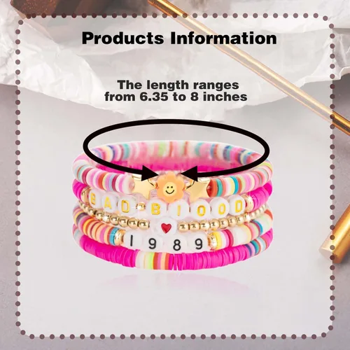Vista 5 de COARVXA 5 pulseras inspiradas en álbumes de Taylor Lover Fearless Reputation 1989 para música de Eras Music, juego de pulseras bohemias para playa