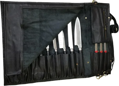Vista 8 de Auténtico ligero Premium cuero profesional antiguo marrón largo cuchillo de chef bolsa/cuchillo de chef rollo 13 ranuras espacio # K5