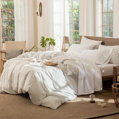 Vista 6 de MooMee Sábana bajera ajustable de solo 100% algodón lavado con textura parecida al lino, transpirable, duradera, suave, cómoda, bolsillo profundo