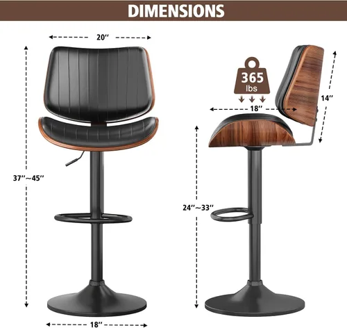 Vista 3 de YaFiti Adjustable Bar Stools, Modern Swivel PU Leather Counter Height Chairs with Backrest, Armless Kitchen Island Stools, Black 1 PCS