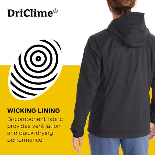 Vista 4 de MARMOT Sudadera con capucha Ether Driclime para mujer, transpirable, cómoda, plegable, cortavientos con capucha Negro