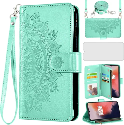 Vista 12 de Asuwish Funda de teléfono para OnePlus 7 6T Wallet Cell Cover con protector de pantalla con correa para la muñeca Mandala Flower Card Holder