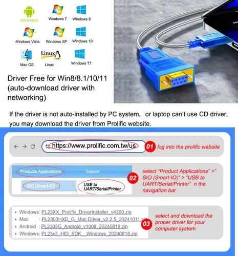 Vista 4 de DTech Cable adaptador USB a serie hembra de 10 pies DB9 RS232 a USB 2.0 con chip Prolific PL2303 Windows 11 10 8 7 Mac Linux