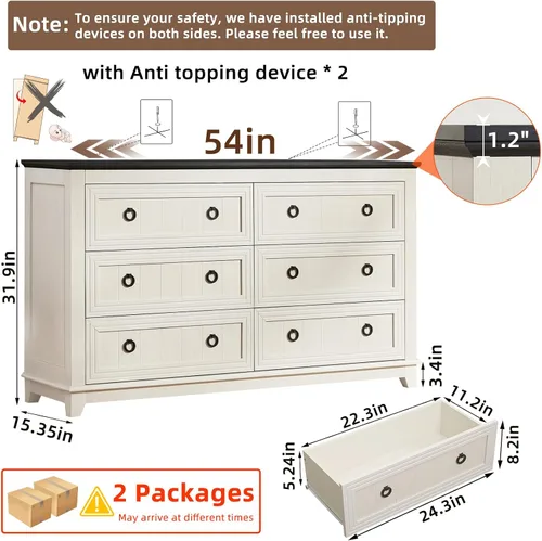 Vista 2 de Joaxswe Cómoda de 6 cajones para dormitorio, cómoda de madera de 54 Blanco