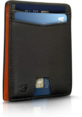 Vista 2 de Bryker Hyde Cartera de cuero delgada plegable con bloqueo RFID para hombres, bolsillo frontal, bolsillo para facturarecibo, Negro y naranja