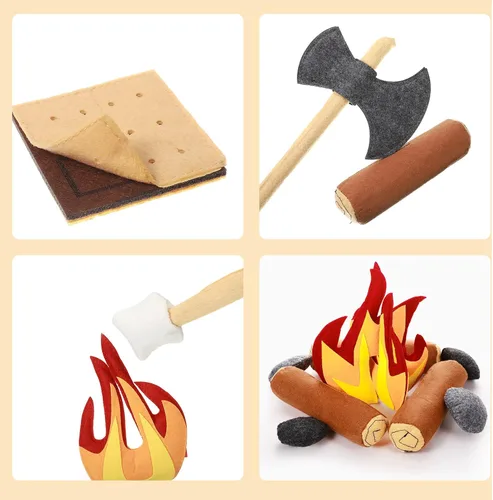 Vista 4 de Civaner Juego de juguetes de simulación de fogata para adultos con 2 almohadas de tronco, 2 de felpa falsa de fuego y smores, 20 piezas de fieltro