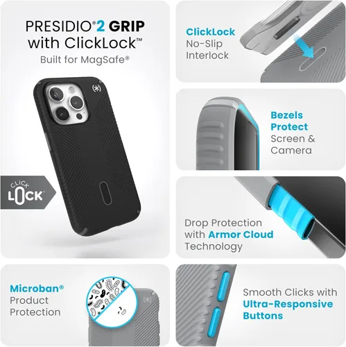 Vista 3 de Funda MagSafe Speck para iPhone 15 Pro - Protección contra caídas y de cámara, ClickLock antideslizante, compatible con carga inalámbrica, se adapta