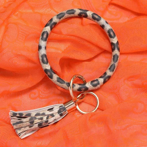 Vista 4 de Coolcos Llavero de piel, círculo grande con borla, para muñeca, brazalete, regalo para mujer