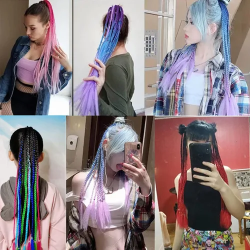 Vista 3 de Extensiones de cabello con trenzas de colores con bandas de goma, extensiones sintéticas trenzadas arco iris, accesorios para el cabello de cola