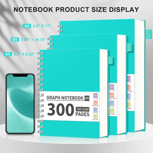 Vista 3 de AHGXG Cuaderno de papel gráfico, 300 páginas, cuaderno espiral de 8.5" x 11", cuaderno de papel de cuadrícula grande A4, papel grueso de 100 gsm
