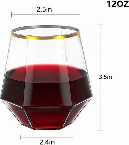 Vista 2 de Lullaby 40 copas de vino de plástico sin tallo de 12 onzas, borde dorado
