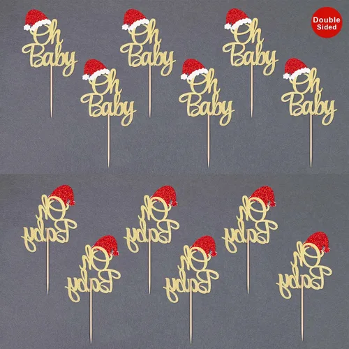 Vista 4 de Gexolenu 24 piezas de adornos de Navidad para cupcakes Oh Baby, con purpurina de doble cara, para sombrero de Papá Noel rojo para Navidad, baby