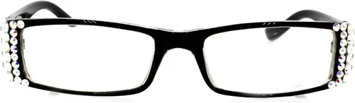Vista 2 de The French (Bling) Fleur De Lis Women Reading Glasses with (Clear + Aurora Borealis) Austrian Crystals (Black) Rectangular