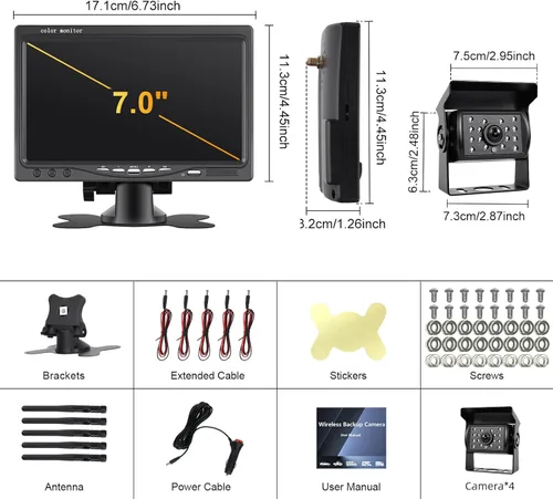 Vista 9 de Cámara de respaldo inalámbrica de 7 pulgadas, monitor IPS 1080P y 4 cámaras de visión trasera para todos los vehículos, cámara