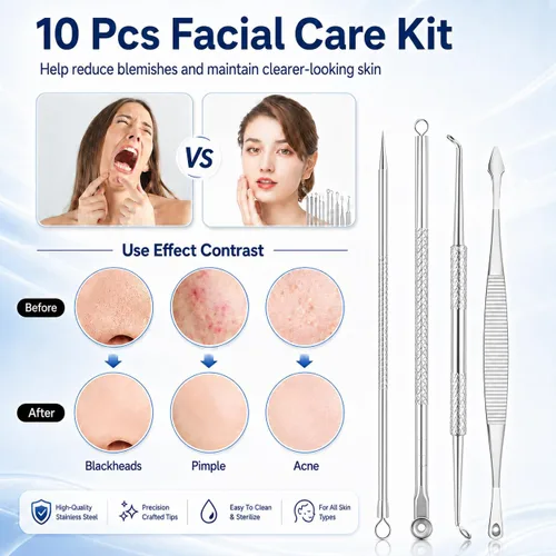 Vista 5 de MENOLY Kit de herramientas para reventar espinillas, 10 piezas, herramienta para eliminar espinillas, para acné, espinillas, comedones, acné, nariz